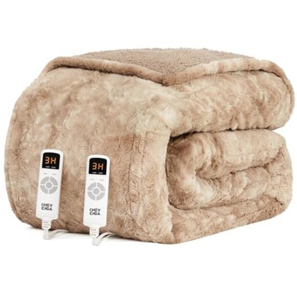 Queen Electric Heated Blanket Faux Fur Sherpa Dual Control 9 Heat Camel